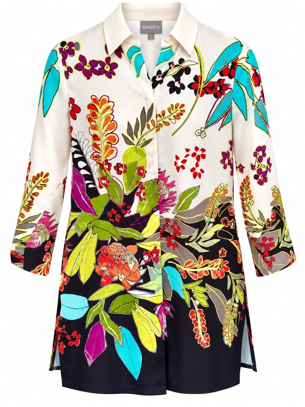 Chico’s Vibrant Botanical Floral Tunic Blouse – Size 0 (US 4/6)